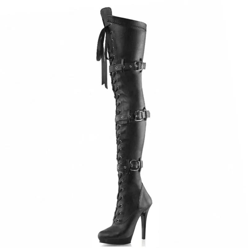 5 inch-13cm 2024 new thin Heel Black Knee Boots pole dance queen boots sexy nightclub lace up high heels crossdresser shoes