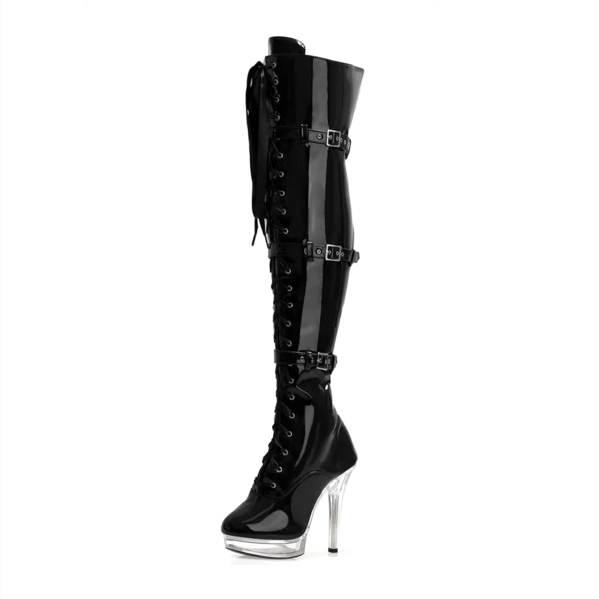 5 inch-13cm 2024 new thin Heel Black Knee Boots pole dance queen boots sexy nightclub lace up high heels crossdresser shoes