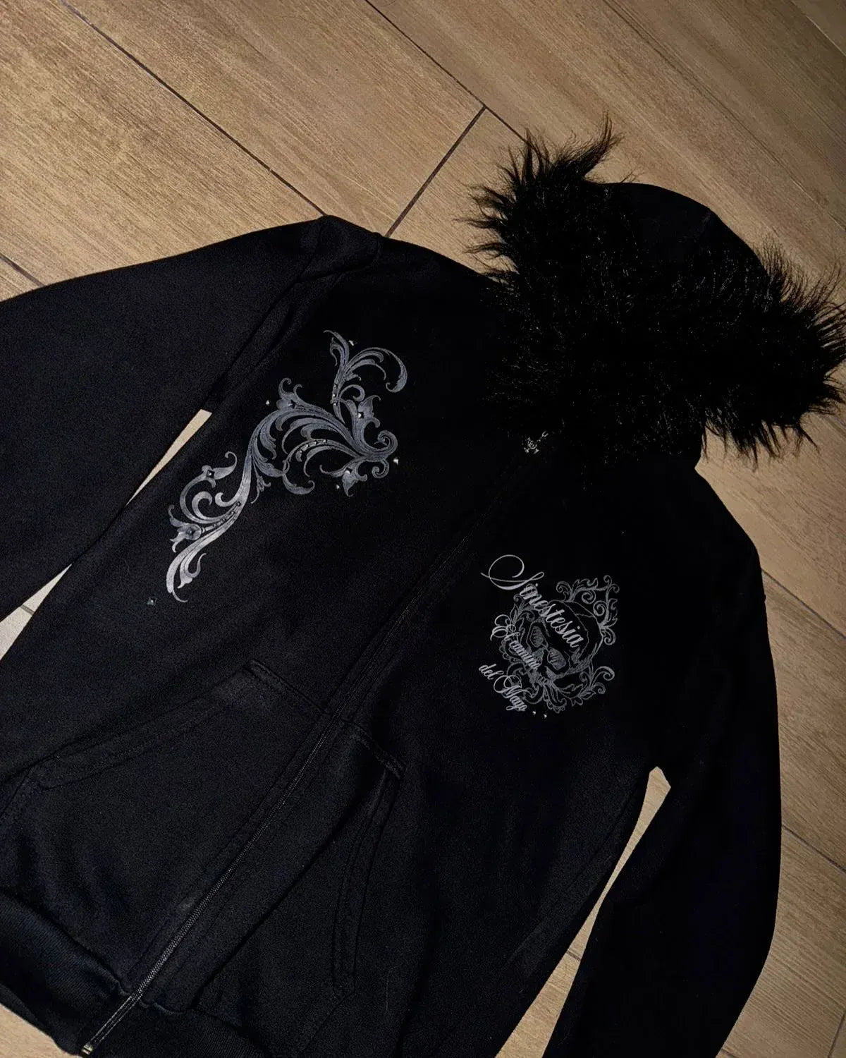 5 / M Street Style Gothic Skull Pattern Faux Fur Hoodie Womens Black Zip Up Hoodie Autumn Winter Fashion Slim Fit Coats Y2K Style