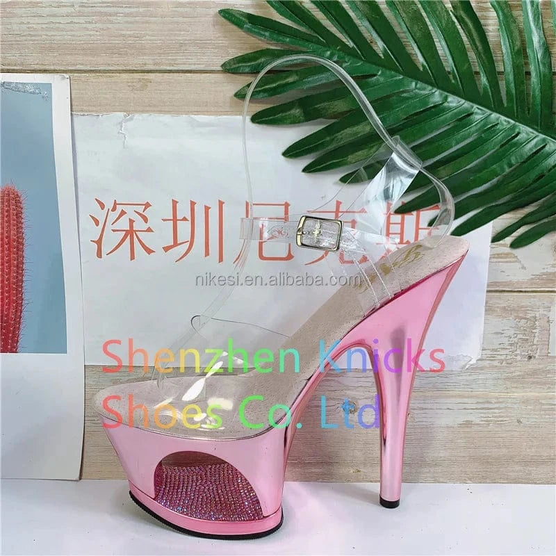 5 / Pink 7inch-17cm Flat Sandals high heel flash water drill hollow out waterproof platform sexy nightclub platform steel Heeled Sandals
