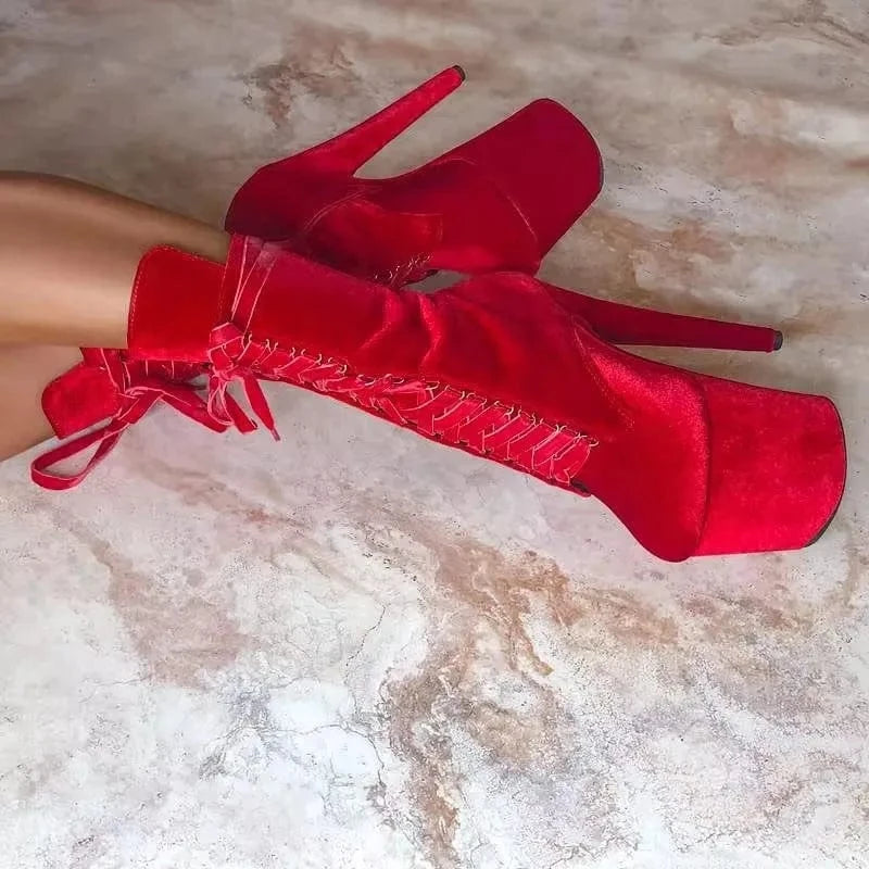 5 / Red 8 inch-20cm Suede lace up platform short boots fashion walking pole dance female boots stripping large size sexy fetish night