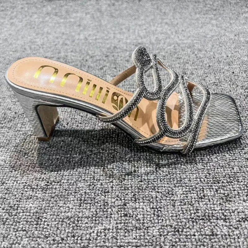 5 / silver BUSY GIRL YF4114 Hot pink sliver gold rhinestone snake shaped decor women slippers high heels for ladies sandals women shoes