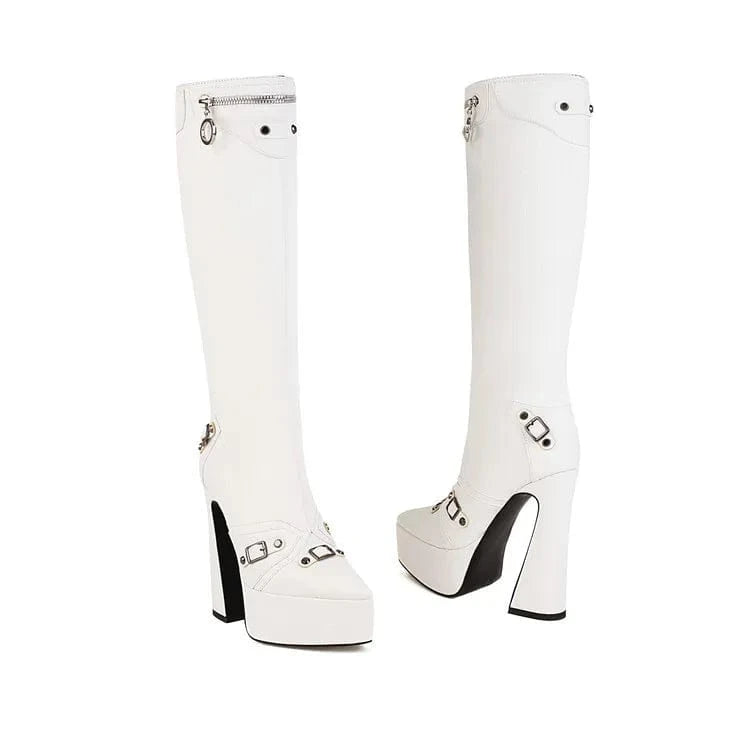 5 / White BUSY GIRL MF4112 Knee High Boots for Women Chunky High Heels Platform Fashion Square Buckle Pointed Toe  PU Winter Ladies Shoes