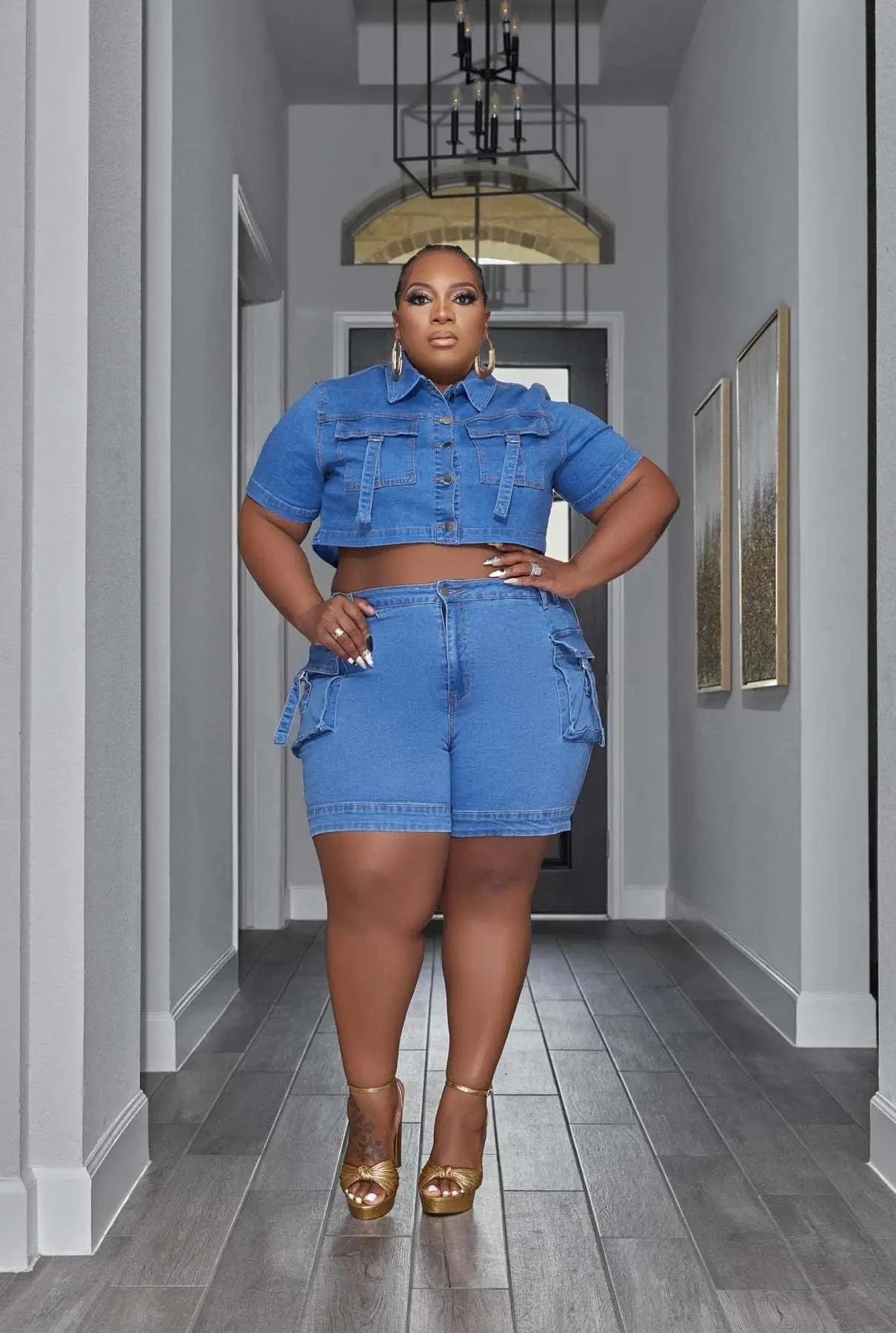 5 XL / Blue stretch  two piece denim sets cargo jeans plus size women jeans 2024