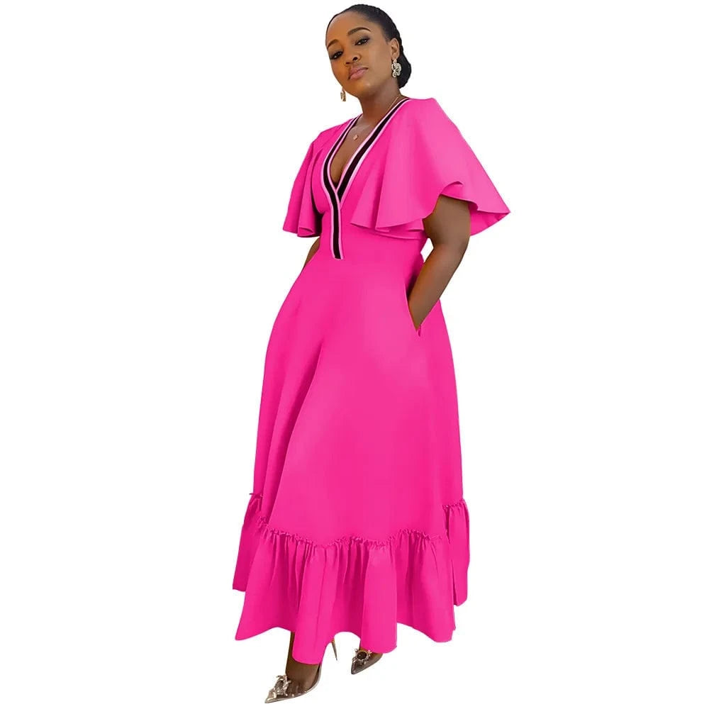 5 XL / Fuchsia trending products 2024 new arrivals plus size women's clothing Solid color Women's V-neck ruffled sleeve casual dress