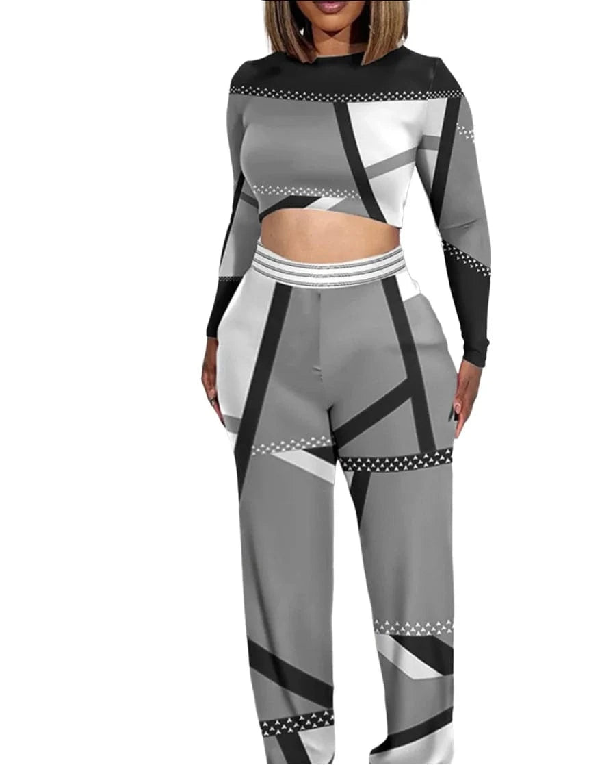 5 XL / Gray Two Piece Set Women Outfit 2024 Spring Fashion Geometric Print Colorblock Round Neck Long Sleeve Crop Top Wide Leg Pants Set
