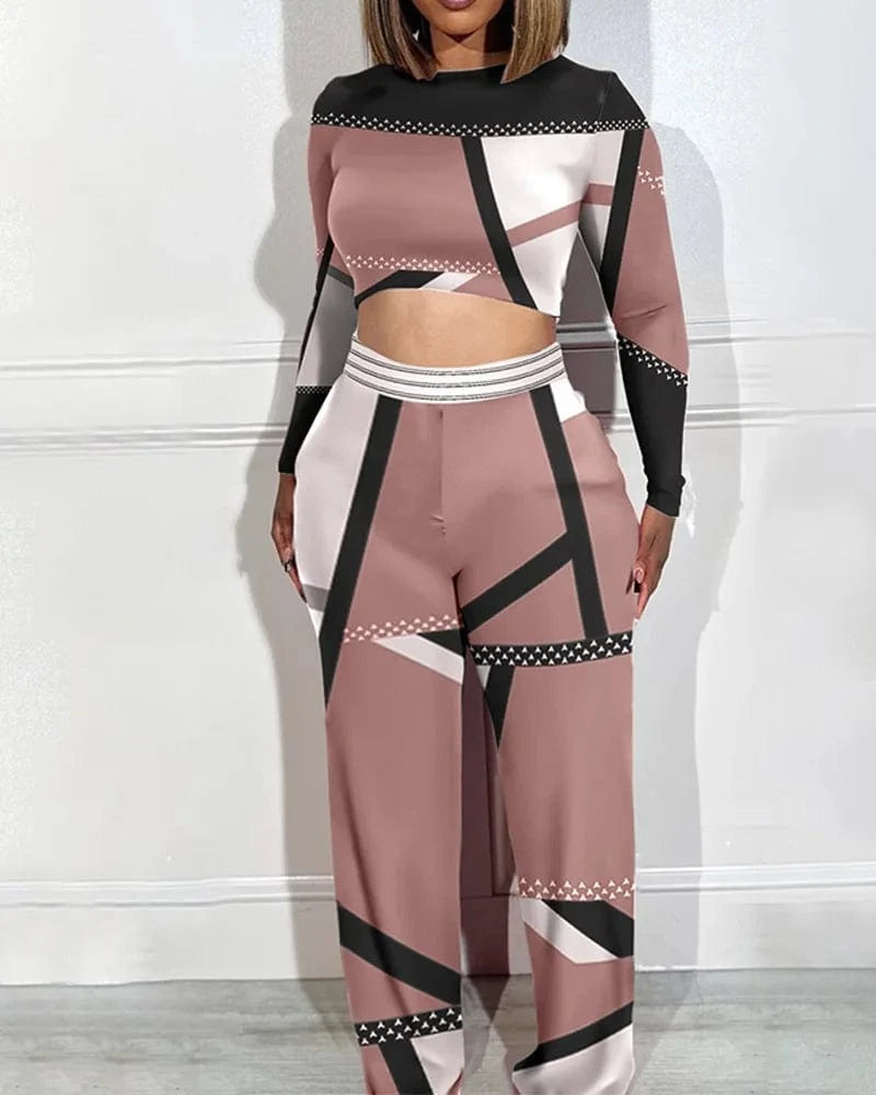 5 XL / Pink Two Piece Set Women Outfit 2024 Spring Fashion Geometric Print Colorblock Round Neck Long Sleeve Crop Top Wide Leg Pants Set