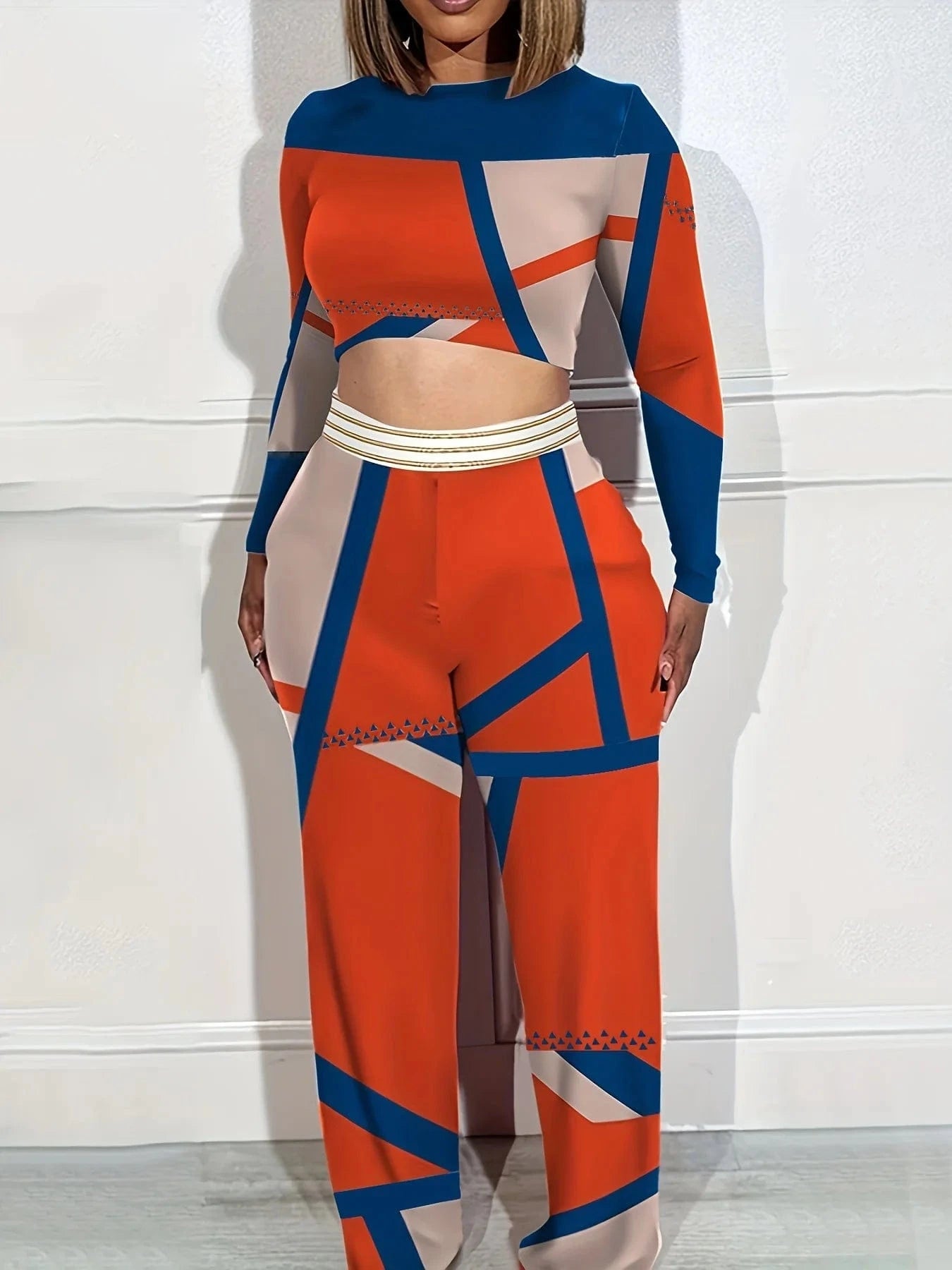 5 XL / Red Two Piece Set Women Outfit 2024 Spring Fashion Geometric Print Colorblock Round Neck Long Sleeve Crop Top Wide Leg Pants Set