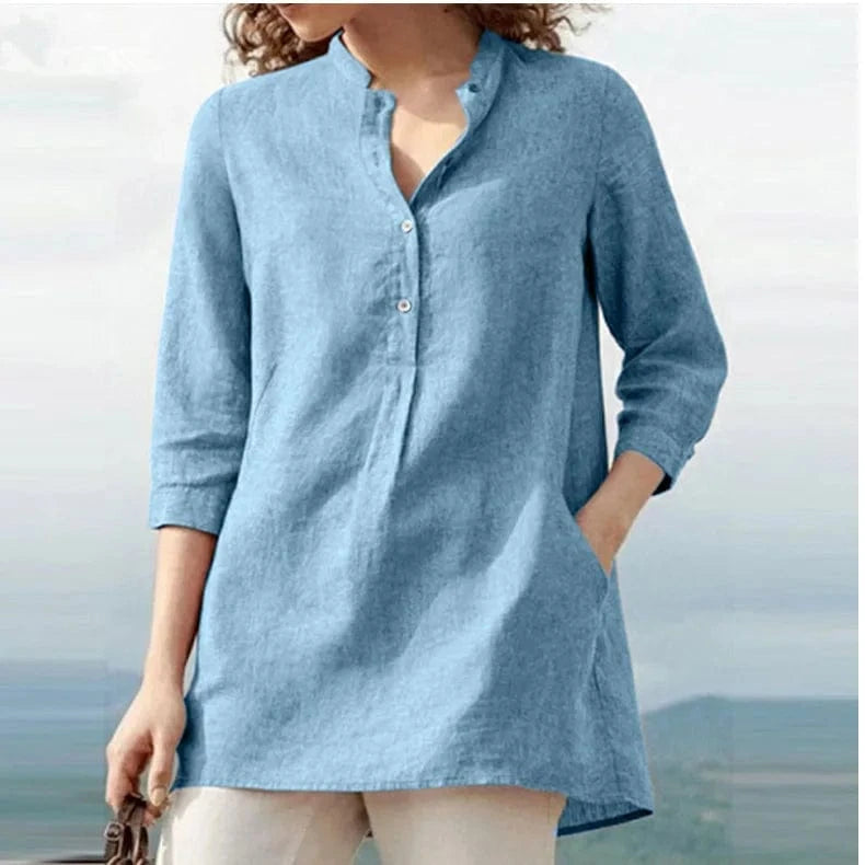 5 XL / Sky Blue 2024 Autumn Women Elegant Solid color Ruffle blouse shirt Casual stand collar loose blouse