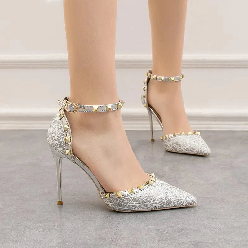 50%OFF Sexy slim stiletto party women's shoes high-heeled shallow pointed toe hollow rivets one-word strap party Pumps