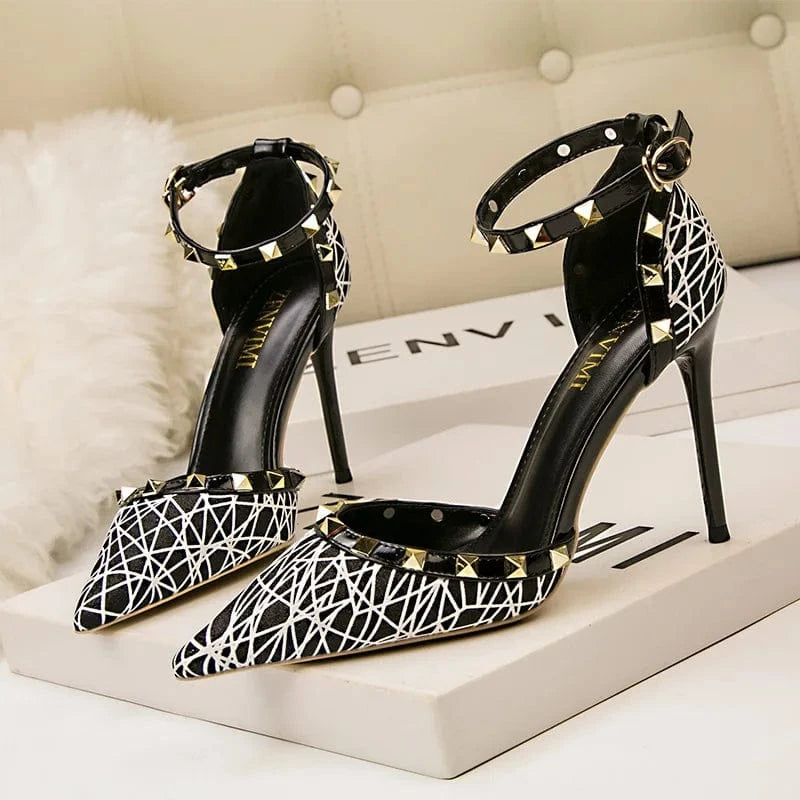 50%OFF Sexy slim stiletto party women's shoes high-heeled shallow pointed toe hollow rivets one-word strap party Pumps