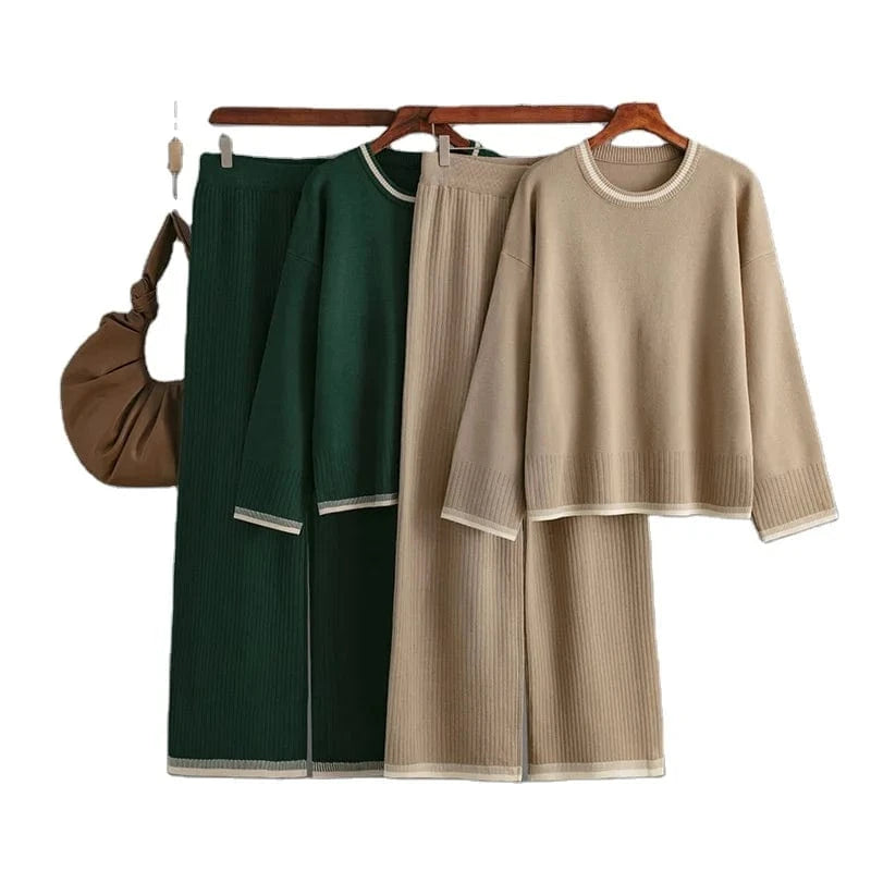 50% Off Wholesale Autumn Winter Cross Border Round Neck Solid Color Sweater Knit Women's Warm Winter Two Piece Knit Sweater Sets