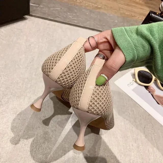50%OFF Women Pumps Summer Comfortable Triangle Heeled Party Shoes Stiletto Sexy Single Shoes Flying Woven Mesh Breathable Women