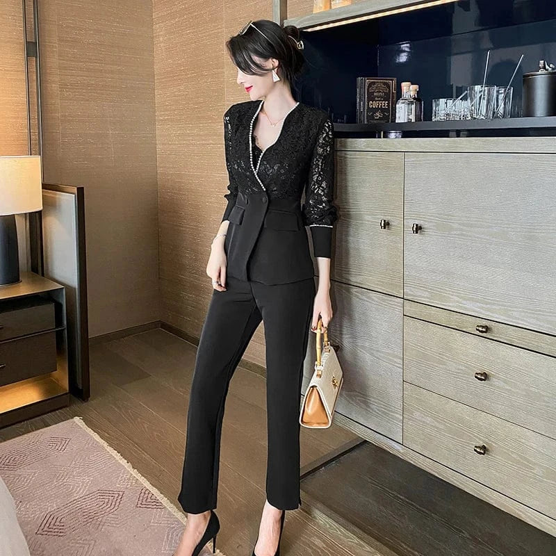 5344 Sexy black Slim Style Women Pant Suits 2024 Spring Waist lace beaded Blazer suit & Pencil Pant Work Style Women Set