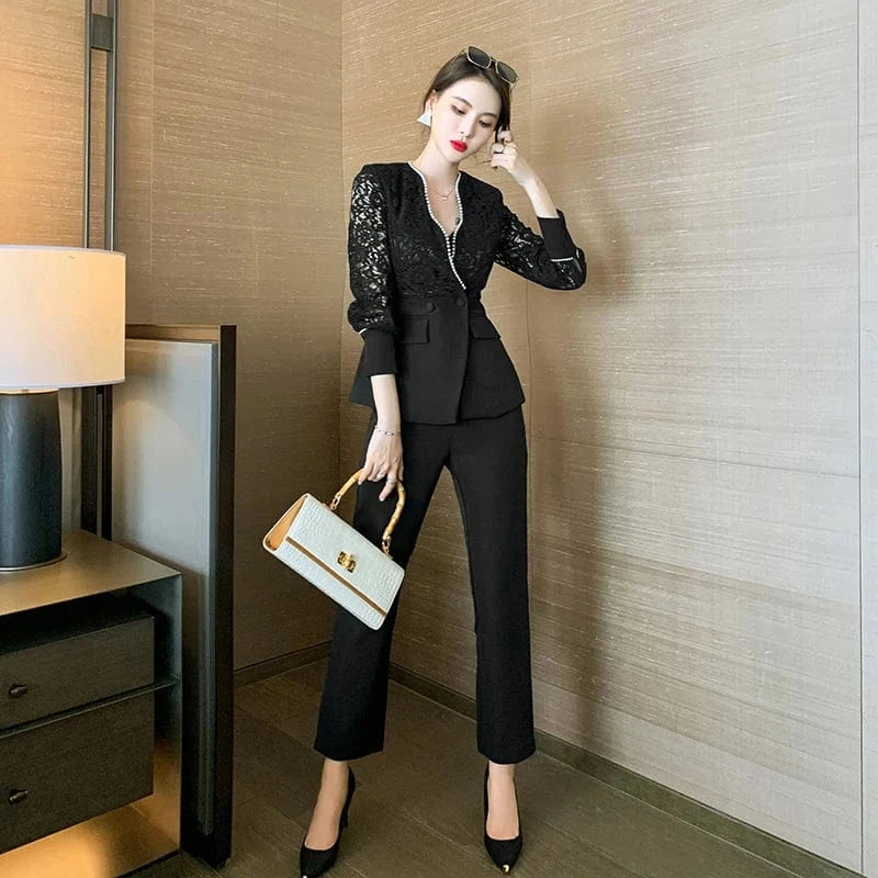 5344 Sexy black Slim Style Women Pant Suits 2024 Spring Waist lace beaded Blazer suit & Pencil Pant Work Style Women Set