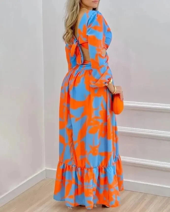 5819# chic design vintage chiffon floral printing casual elegant long maxi dress loose empire Bohemia hollow out dress