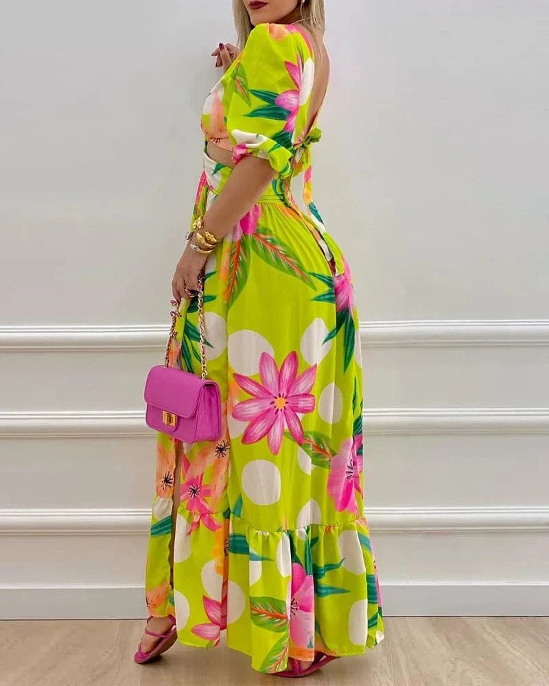 5819# chic design vintage chiffon floral printing casual elegant long maxi dress loose empire Bohemia hollow out dress
