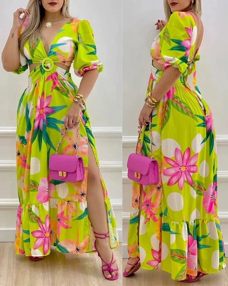 5819# chic design vintage chiffon floral printing casual elegant long maxi dress loose empire Bohemia hollow out dress