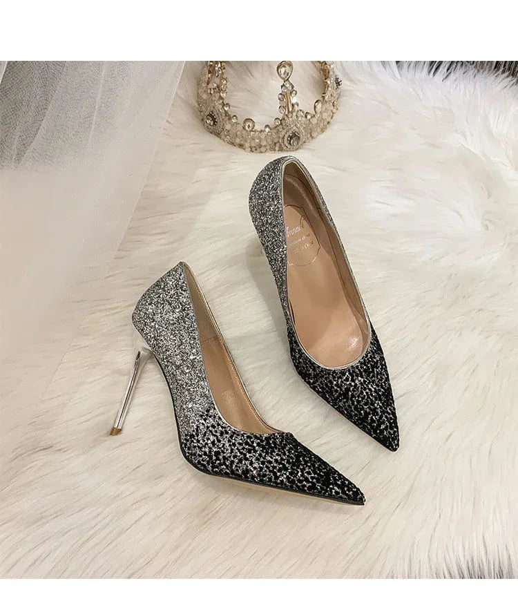 5846-02 New Women Spring Summer Crystal High Heel Pumps Female Point Toe Shallow Sequins Stilettos Ladies Wedding Dress Sandals