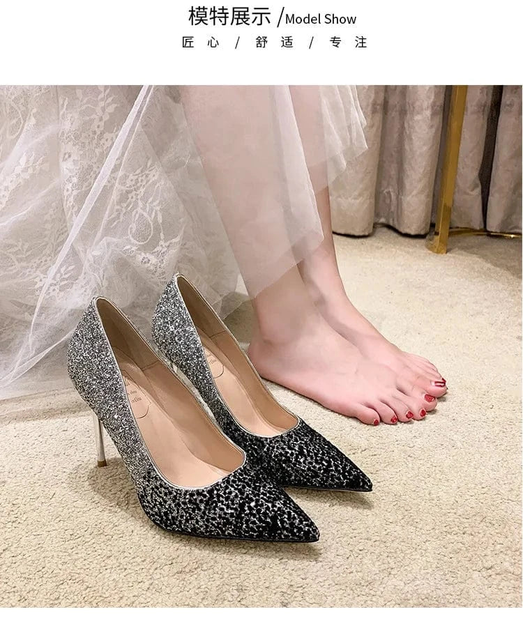 5846-02 New Women Spring Summer Crystal High Heel Pumps Female Point Toe Shallow Sequins Stilettos Ladies Wedding Dress Sandals
