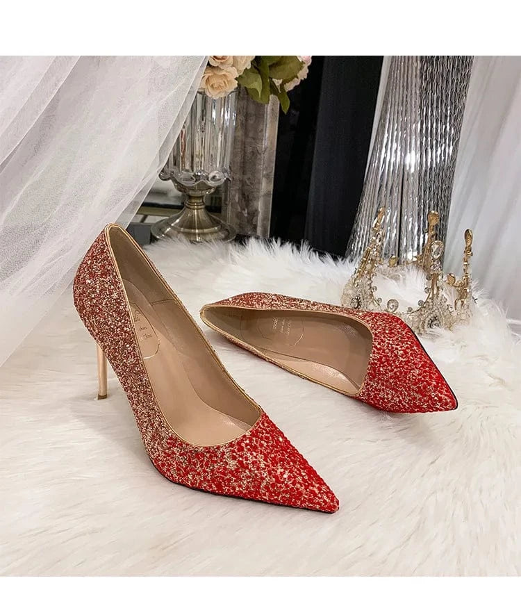 5846-02 New Women Spring Summer Crystal High Heel Pumps Female Point Toe Shallow Sequins Stilettos Ladies Wedding Dress Sandals
