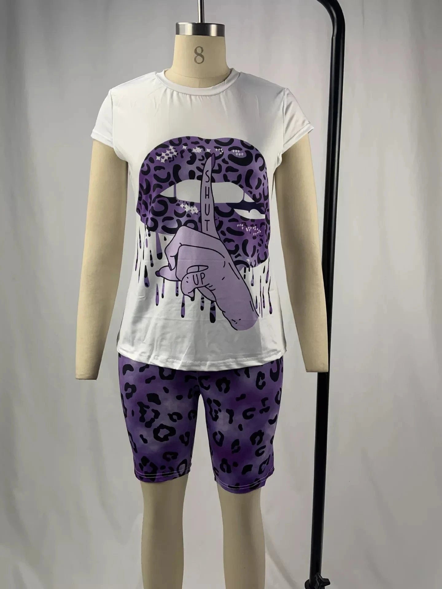 5XL Plus Size Women Clothing Two Piece Set Tracksuit Lips Print Tshirt Top Leopard Biker Shorts Sweat Suit 2 Pcs Women Set