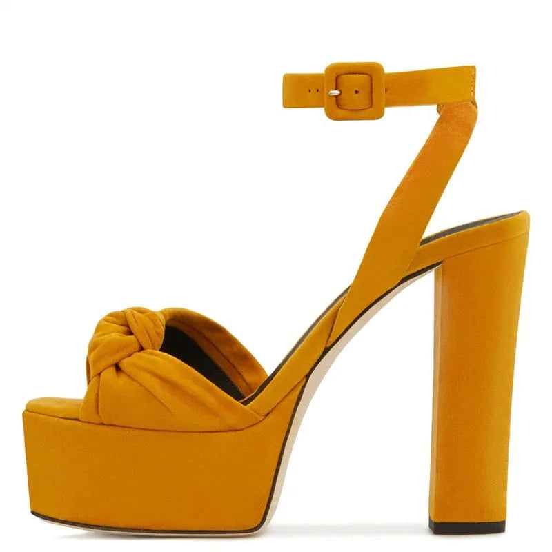 6 / 43 / Yellow 2024 Ankle Strap Woman Knotted High Heels Chunky Heel Platform Sandals