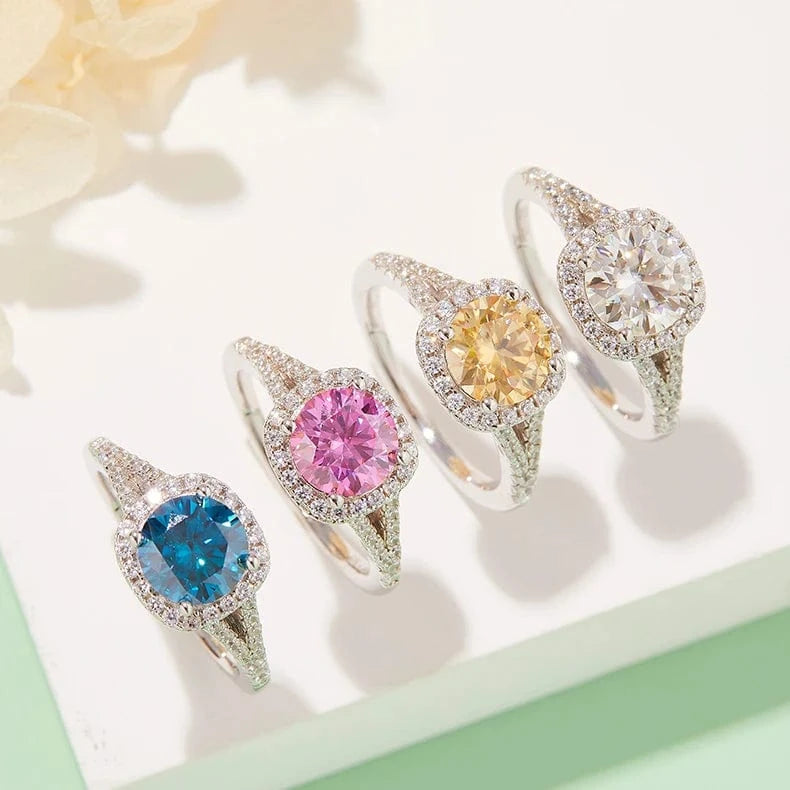 6.5 / 1.5CT color moissanite ring Messi gems colorful diamond jewelry 925 silver 1.5CT 2CT 3CT halo full moissanite diamond ring