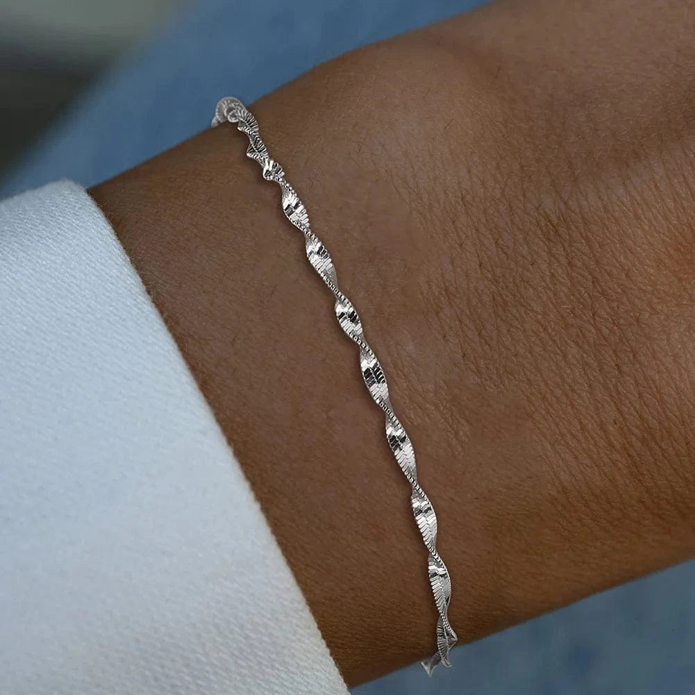 6.5+2 Inches / Rhodium Plated RINNTIN SB182 Fine Jewelry Adjustable Bracelet 925 Sterling Silver 2MM Width Double Layer Water Wave Chain Bracelet For Women