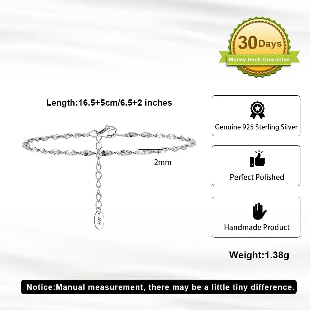 6.5+2 Inches / Rhodium Plated RINNTIN SB182 Fine Jewelry Adjustable Bracelet 925 Sterling Silver 2MM Width Double Layer Water Wave Chain Bracelet For Women