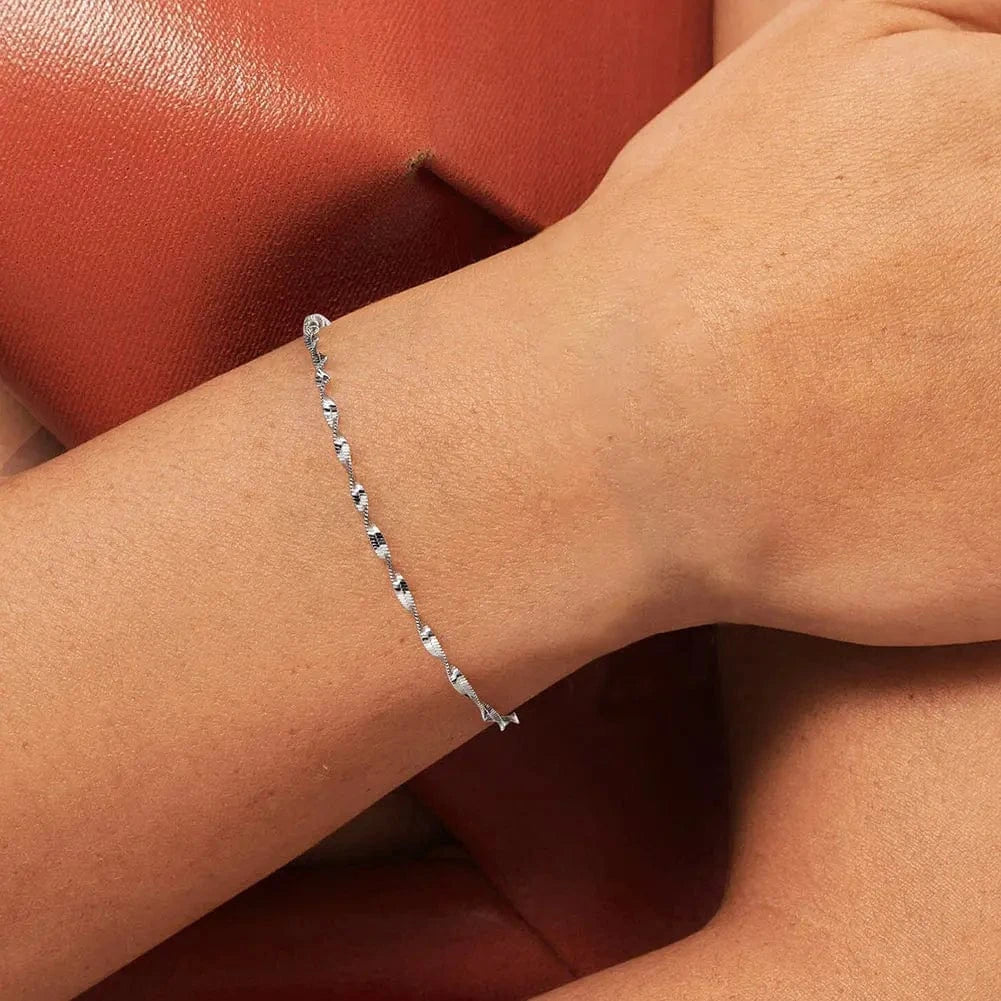 6.5+2 Inches / Rhodium Plated RINNTIN SB182 Fine Jewelry Adjustable Bracelet 925 Sterling Silver 2MM Width Double Layer Water Wave Chain Bracelet For Women