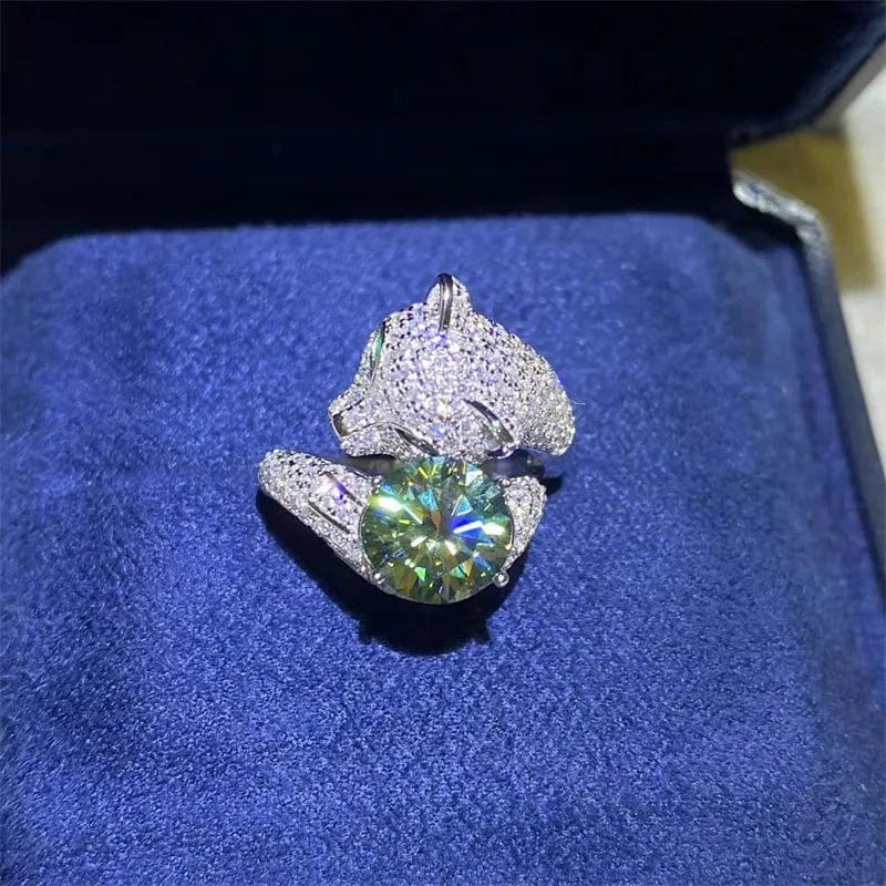6.5 / Sterling Silver Ring / 2ct green moissanite Etsy High Quality Hiphop Jewelry S925 Sterling Silver 2 Carat Green Colored Moissanite Leopard Head Diamond Adjustable Ring Women