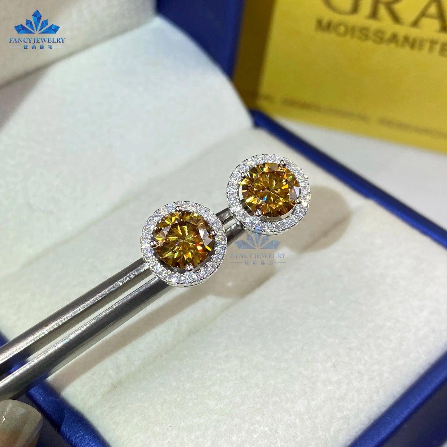 6.5mm+6.5mm(1CT+1CT) / Champagne Fine jewelry pass diamond tester 6.5mm 1CT moissanite earring Silver 925 yellow blue pink green moissanites halo stud earring