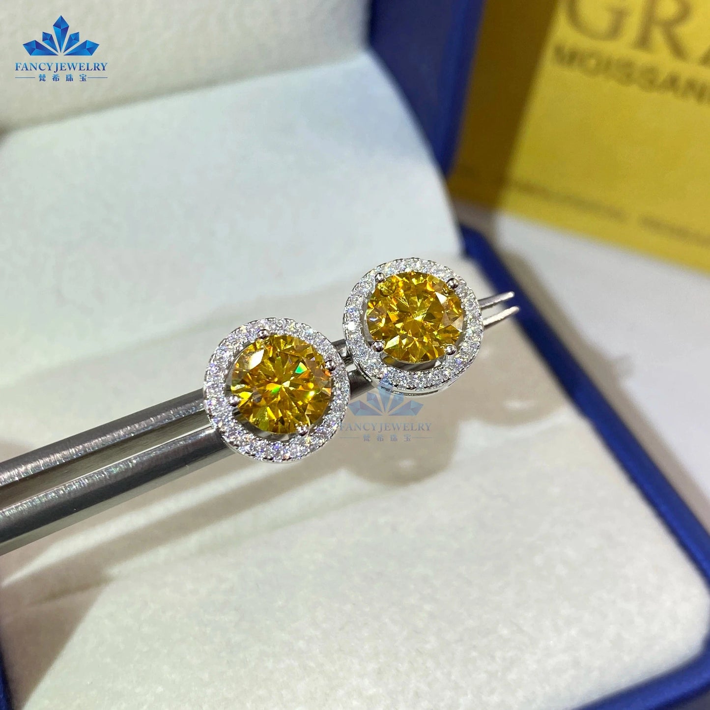 6.5mm+6.5mm(1CT+1CT) / Golden Yellow Fine jewelry pass diamond tester 6.5mm 1CT moissanite earring Silver 925 yellow blue pink green moissanites halo stud earring