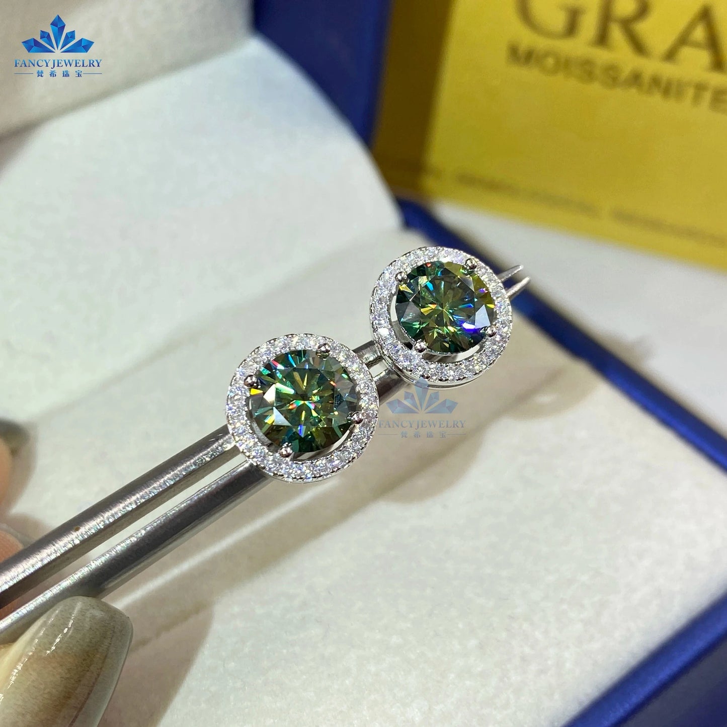 6.5mm+6.5mm(1CT+1CT) / Green Fine jewelry pass diamond tester 6.5mm 1CT moissanite earring Silver 925 yellow blue pink green moissanites halo stud earring