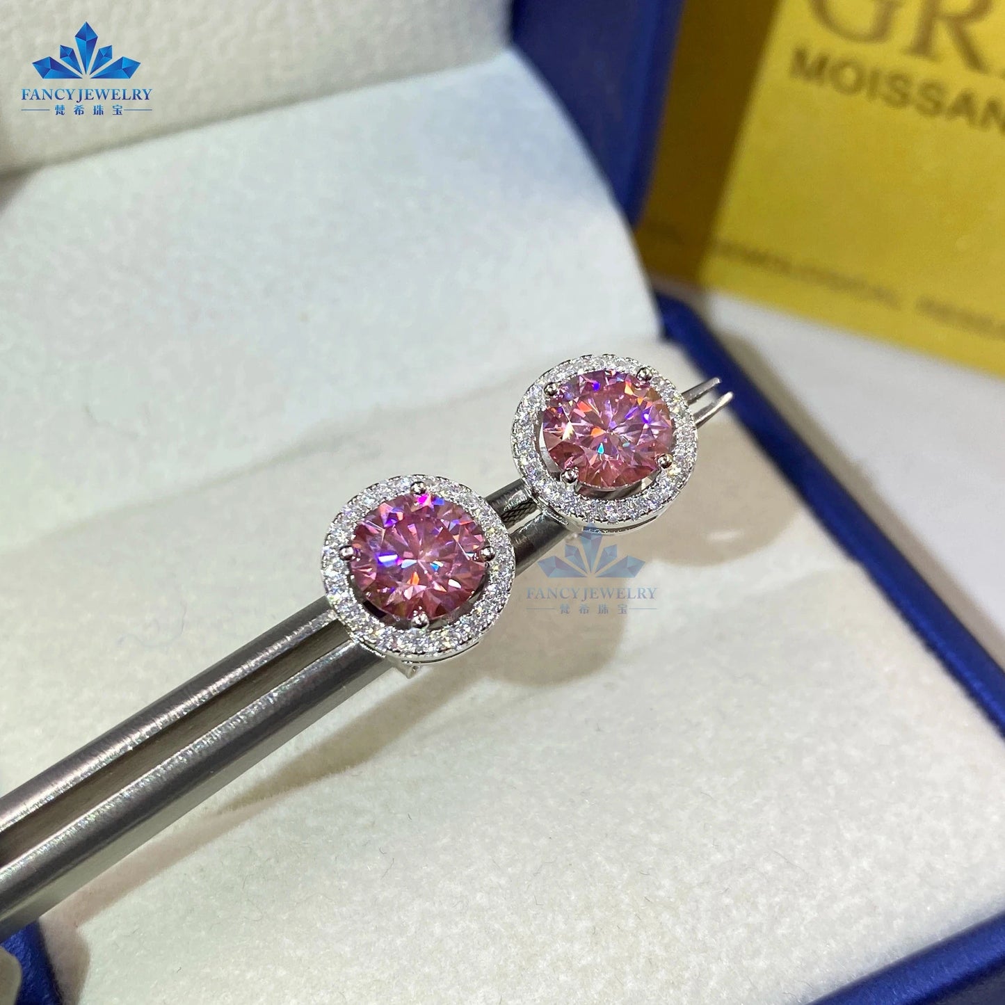 6.5mm+6.5mm(1CT+1CT) / Pink Fine jewelry pass diamond tester 6.5mm 1CT moissanite earring Silver 925 yellow blue pink green moissanites halo stud earring