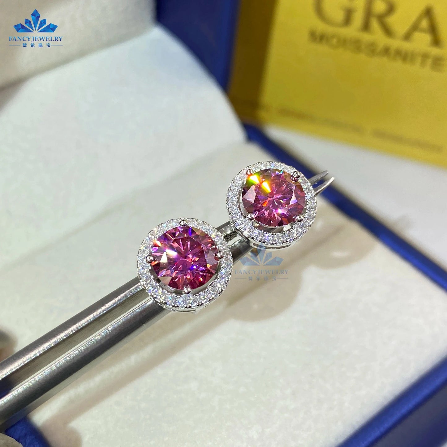 6.5mm+6.5mm(1CT+1CT) / Purple pink Fine jewelry pass diamond tester 6.5mm 1CT moissanite earring Silver 925 yellow blue pink green moissanites halo stud earring