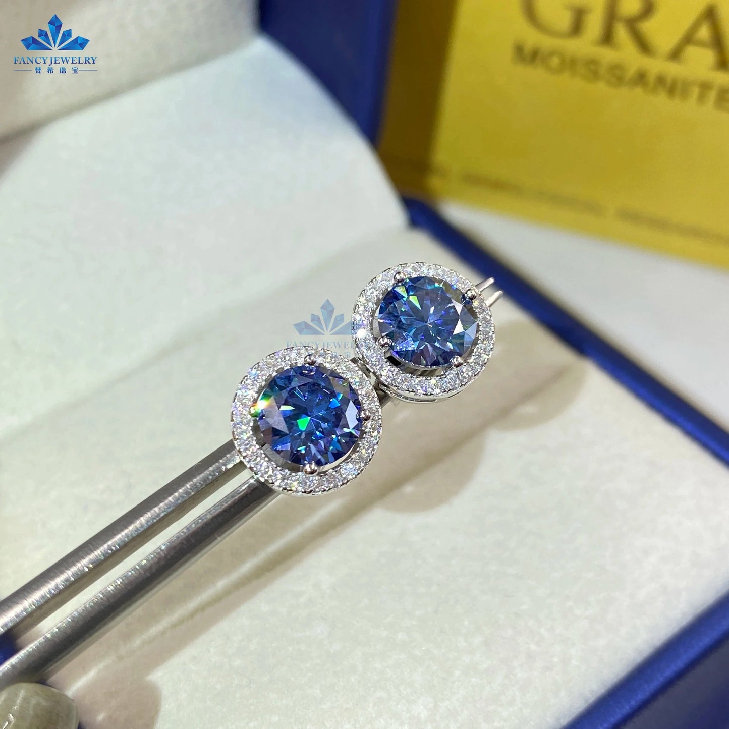 6.5mm+6.5mm(1CT+1CT) / Sapphire Blue Fine jewelry pass diamond tester 6.5mm 1CT moissanite earring Silver 925 yellow blue pink green moissanites halo stud earring