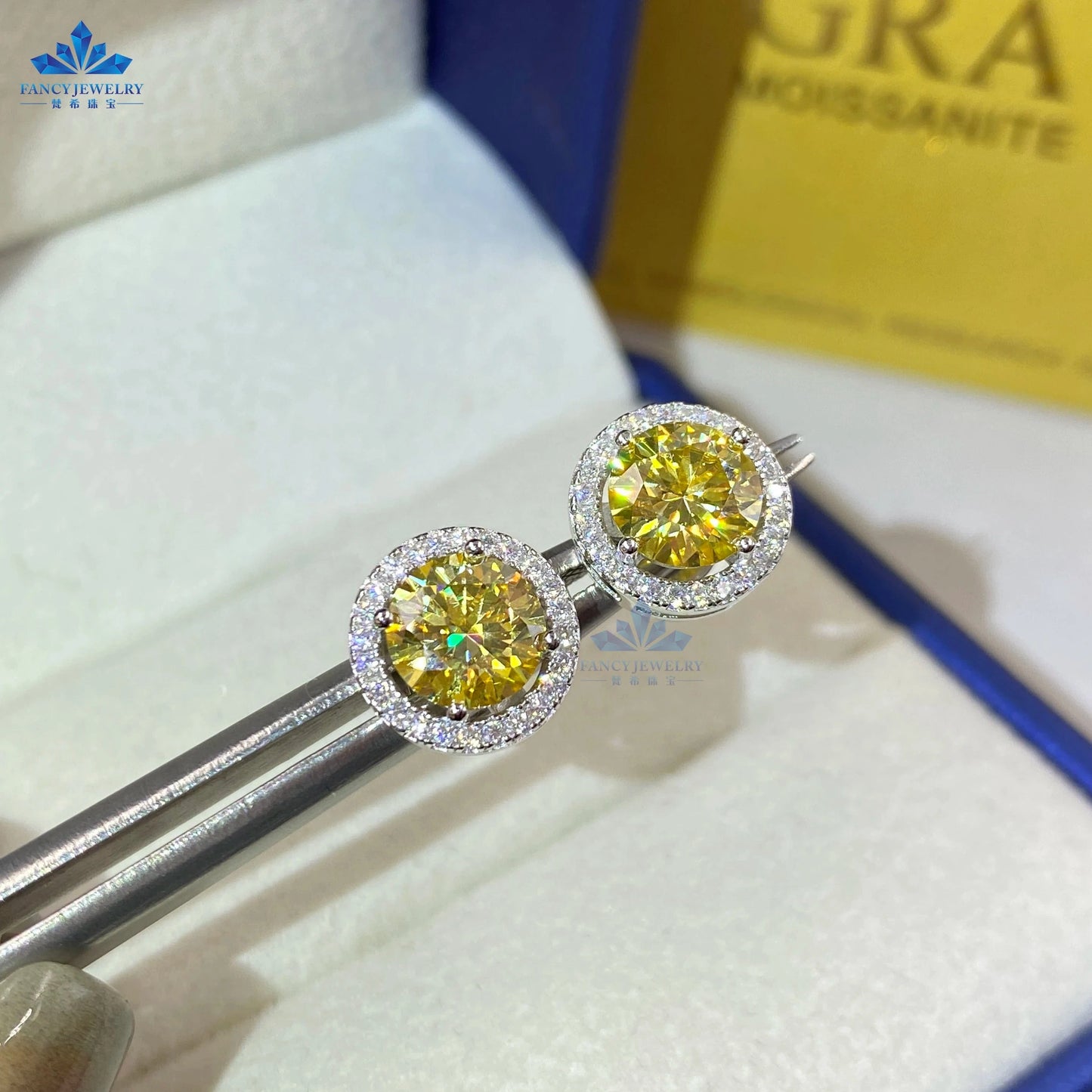 6.5mm+6.5mm(1CT+1CT) / Yellow Fine jewelry pass diamond tester 6.5mm 1CT moissanite earring Silver 925 yellow blue pink green moissanites halo stud earring