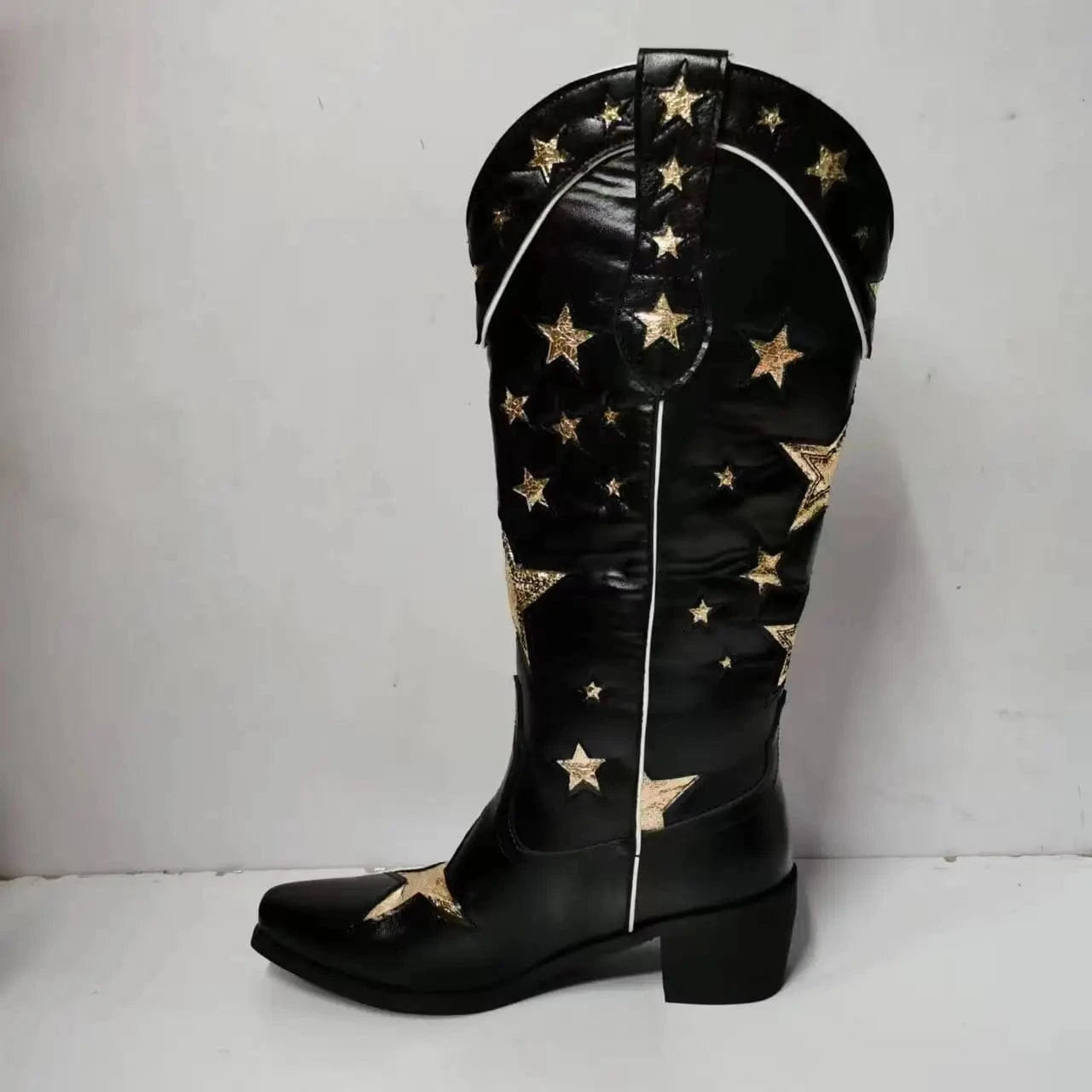 6 / balck gold BUSY GIRL XY4068 Cowboy Boots Women Black Leather White Star Ladies heels Botas Shoes Slip On Rider Boots Knee High Boots