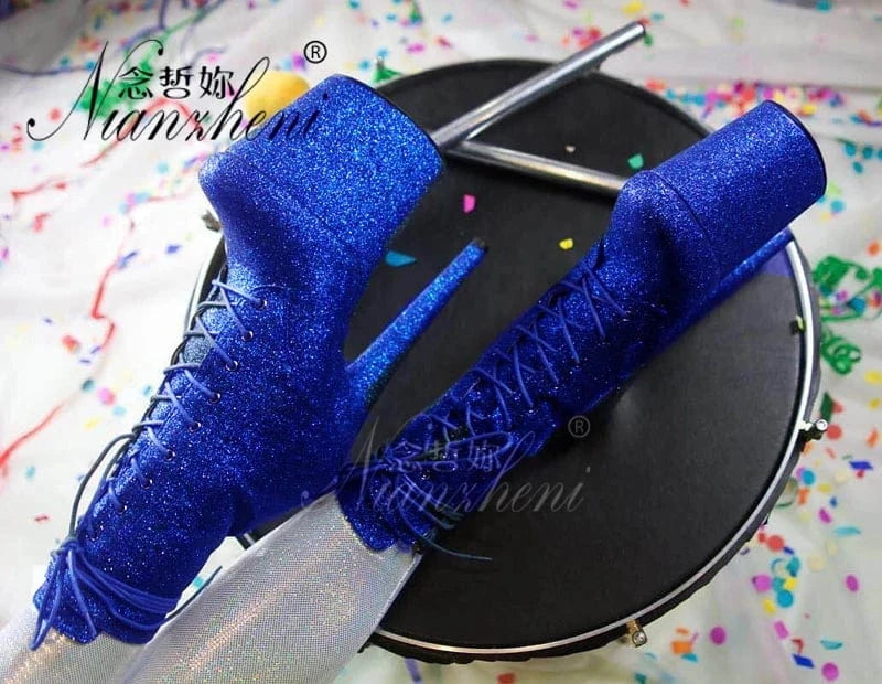 6 / Blue Exotic Dancer Shiny color thin heels sexy banquet European and American high heels 20 cm model walk show short boots Pole Dance
