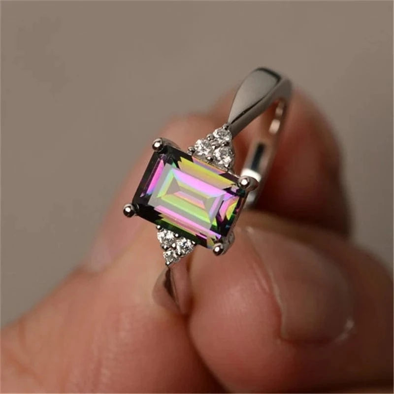 6 / Colorful INS Hot Sale Colorful Light Dark Bule Square Gem Stone Engagement Rings Rhinestone Rings Jewelry Women