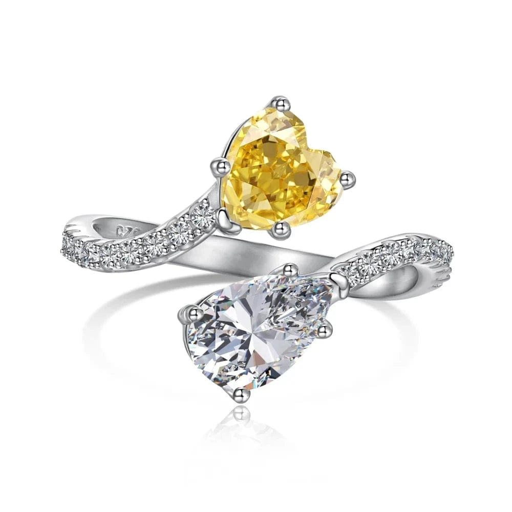 6 / DY120929-S-W-HB Dylam Iced Out S925 Sterling Silver Two Stone Open Adjustable Ring Cz Cubic Zirconia Yellow Pink Heart Rings Jewelry Women