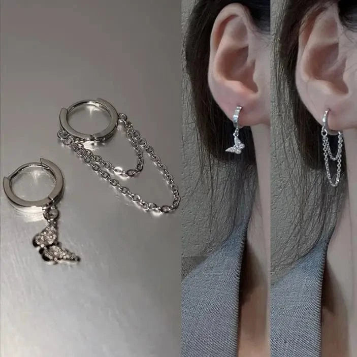 6-E3111 Crystal Long Chain Earrings 925 Silver Needle Butterfly Jewelry Women Fashion Pearl Flower Cluster Earrings