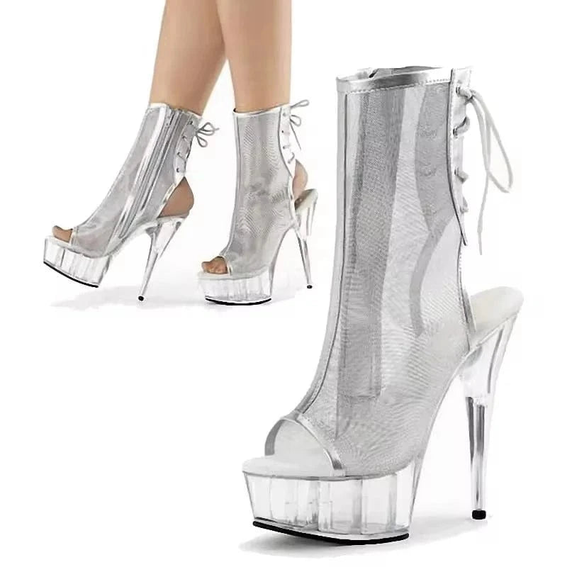 6 inch-15cm New fish mouth black hollow out back lace up thin heel platform high heels fashionable women's short boots