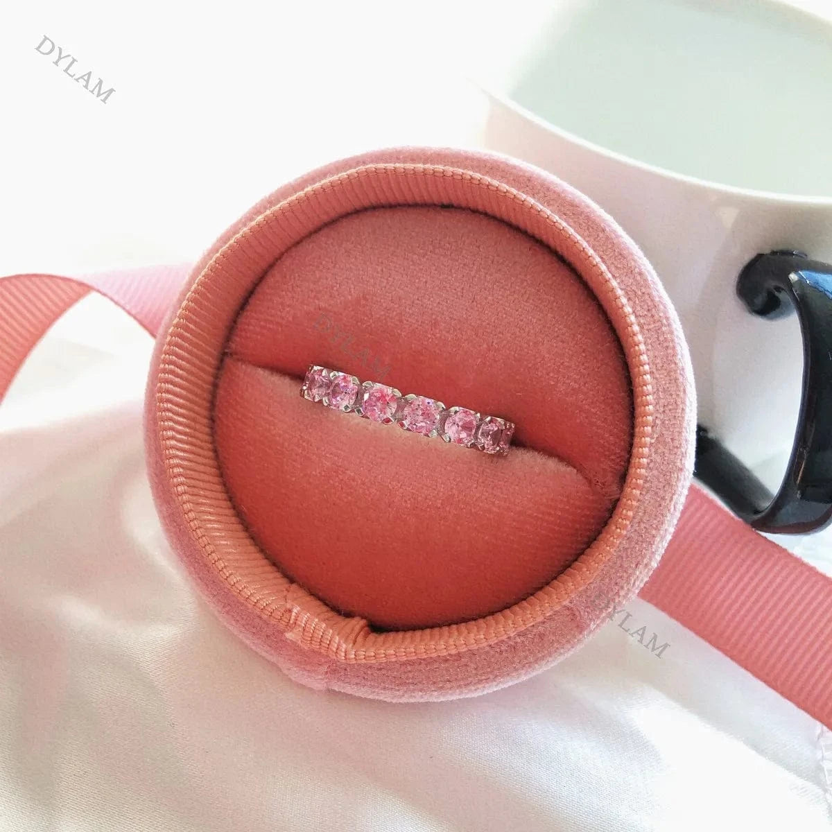 6 / NE120267-S-W-PK Dylam cubic Zirconia Pave Pink Simulated Diamond Ring Jewelry Women 925 Silver Rings Gold 18K Pave Solotaire Rings for women