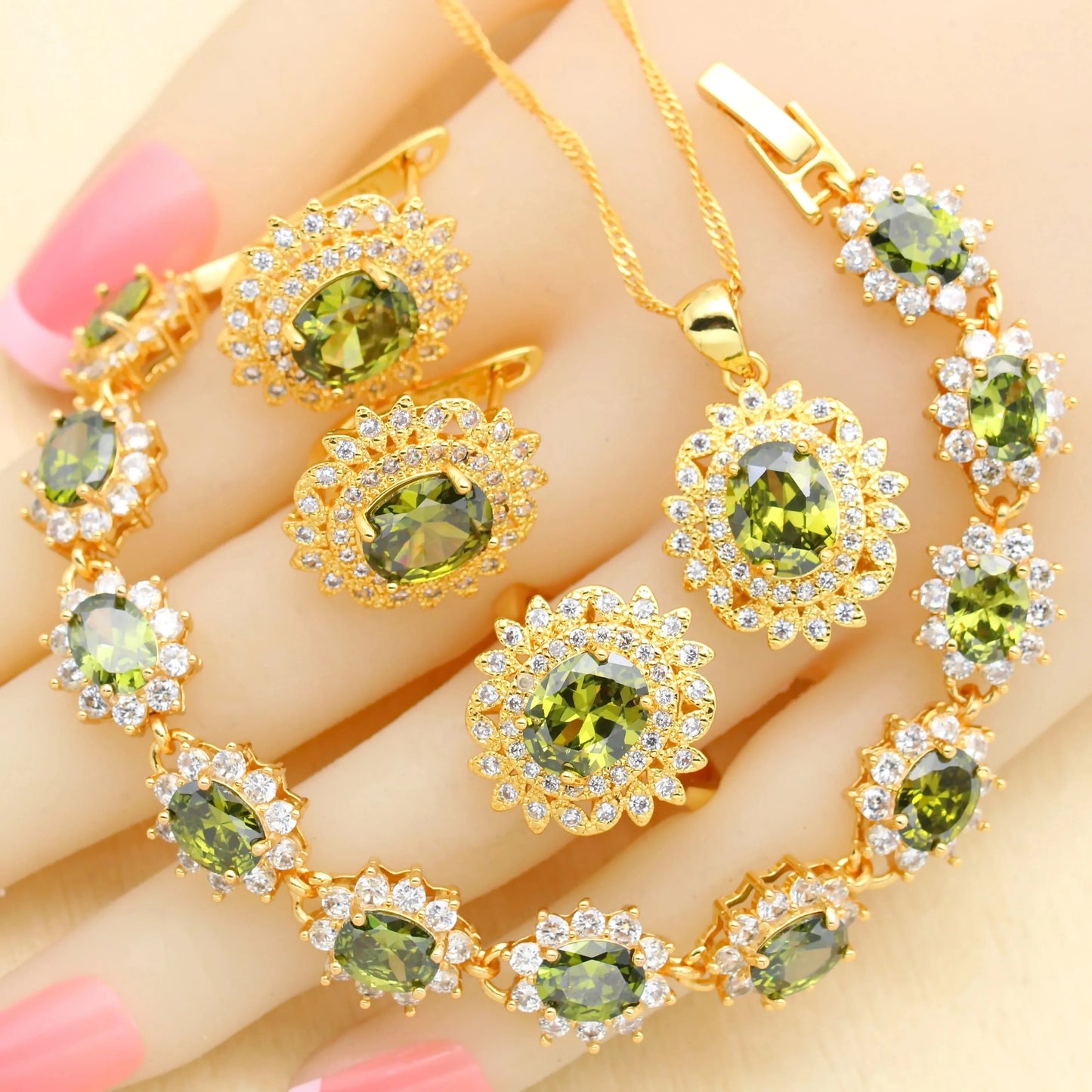 6 / Olive Green 4pcs Luxury zircon jewelry 18k Gold Jewelry Sets for Women Earrings Necklace Pendant Ring Bracelet Wedding Gift