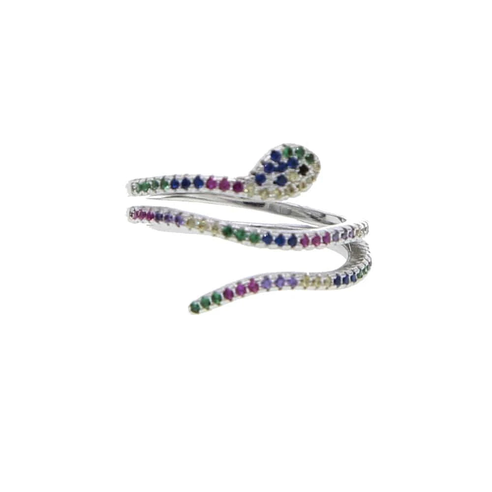 6 / R358-Silver Top Quality Open Size 7 Rainbow Colorful Cubic Zirconia Multi Wrap Women Cute Full Finger Snake Shaped Ring Fashion Jewelry