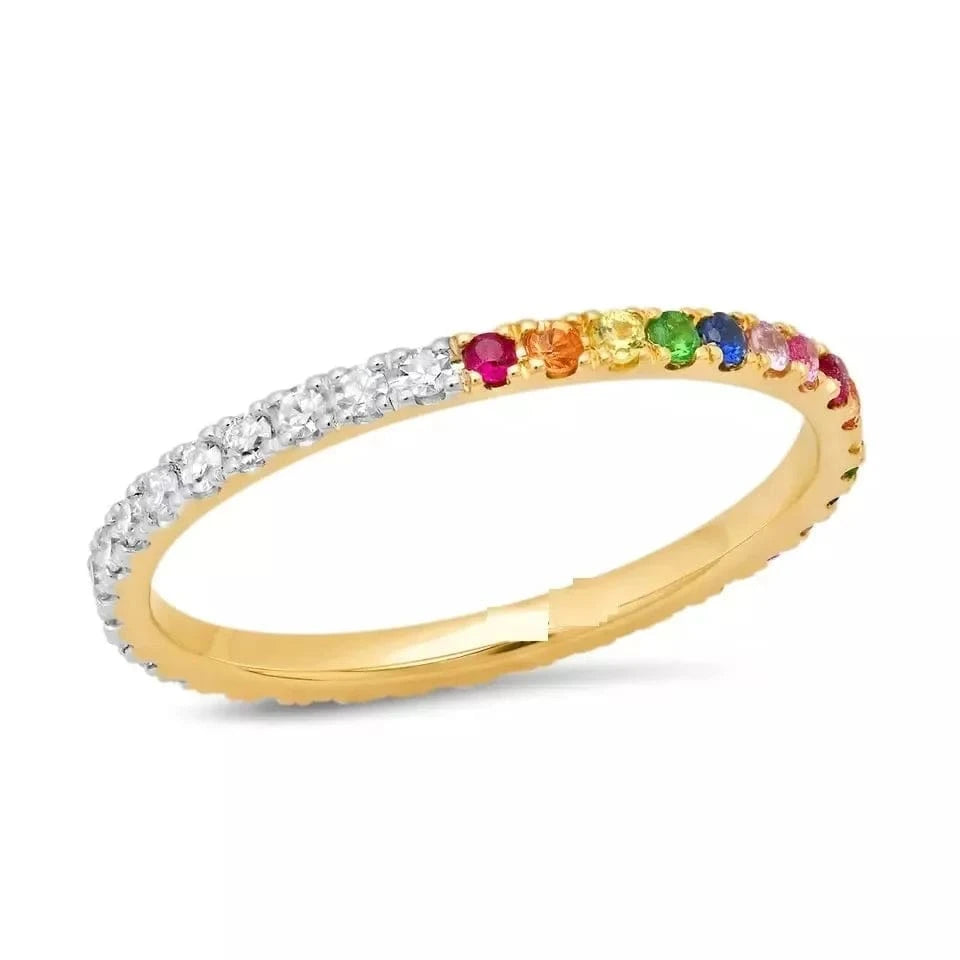 6 / R630-G High Quality Mini Small Thin Rainbow Rings For Women Girls Geometric Square Round Bling CZ Paved Multicolored Fashion Jewelry
