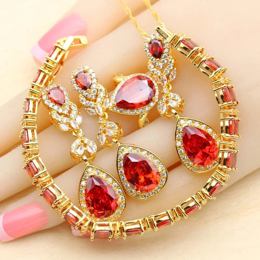 6 / Red 4pcs 2023 New Gold Color Jewelry Sets For Women Wedding White Zircon Bracelet Earrings Necklace Pendant Ring Gift
